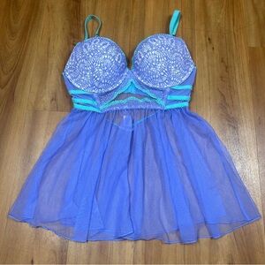Victoria’s Secret Sheer Lace Babydoll Lingerie 36D Lavender Aqua Sexy Mesh